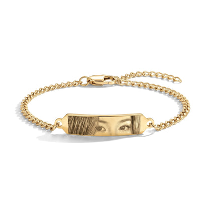 Eye Bracelet with Photo Engraving in gold – stainless steel bar bracelet with engraved eyes