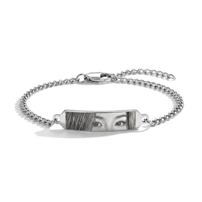 Eye Bracelet with Photo Engraving in silver – stainless steel bar bracelet with engraved eyes