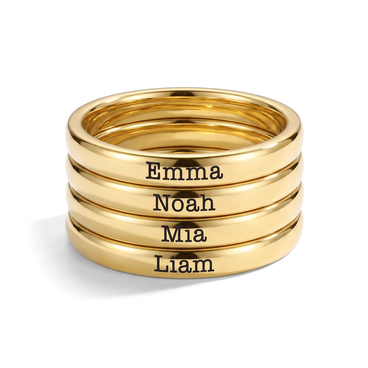 Tiny Stackable Name Ring – Gold – 4 rings stacked