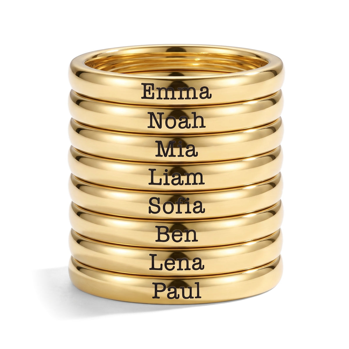 Tiny Stackable Name Ring – Gold – 8 rings stacked