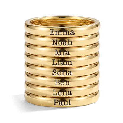Tiny Stackable Name Ring – Gold – 8 rings stacked