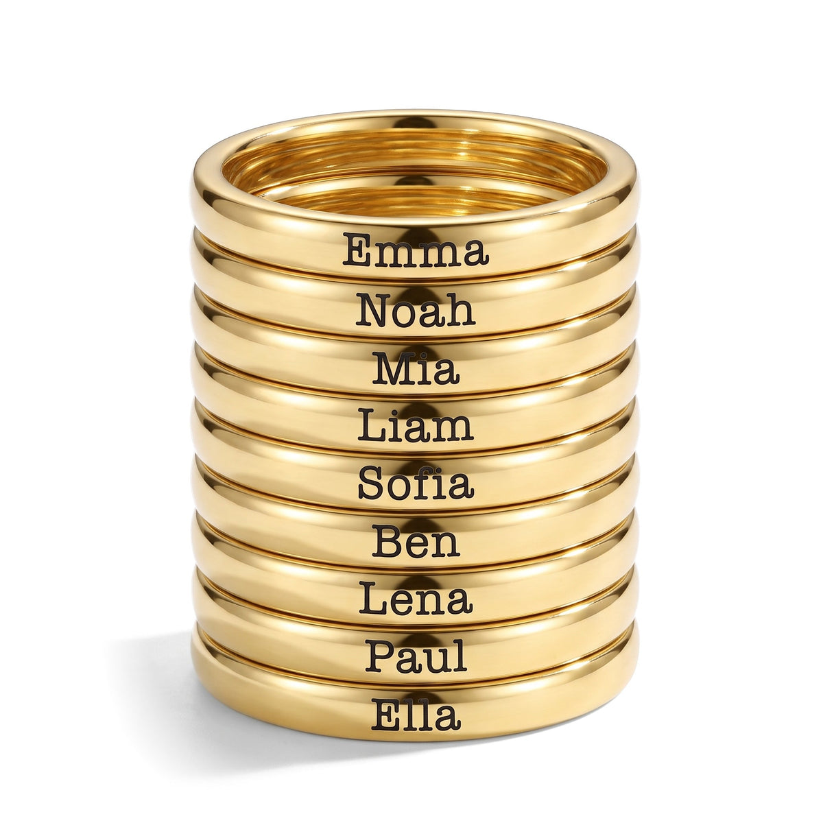 Tiny Stackable Name Ring – Gold – 9 rings stacked