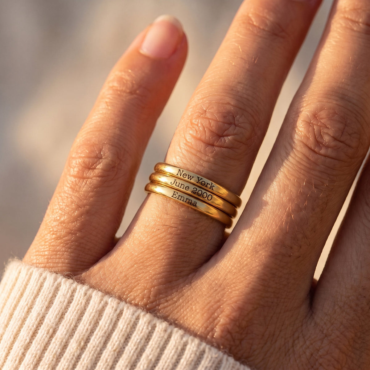 Tiny Stackable Name Ring – Gold – worn