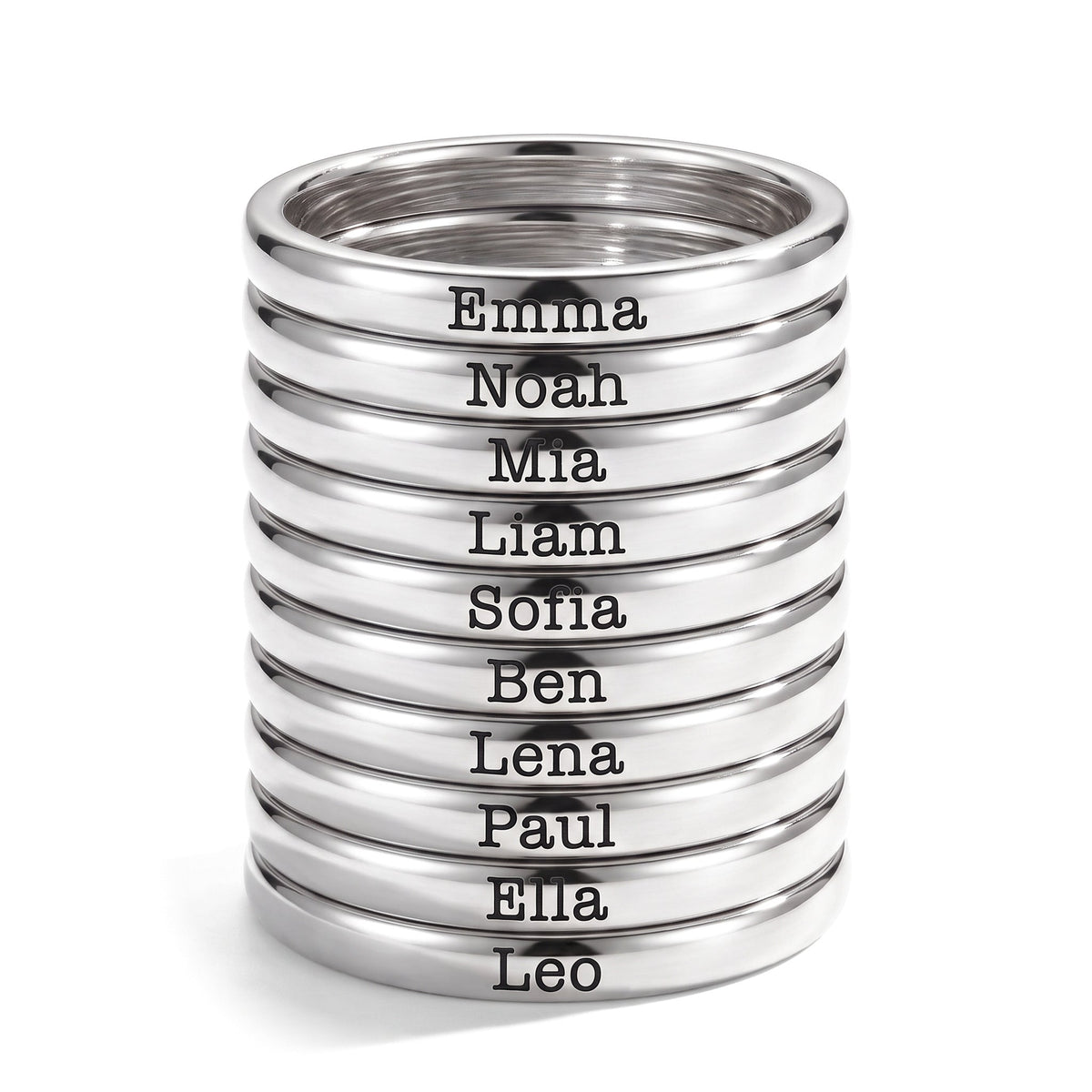 Tiny Stackable Name Ring – Silver – 10 rings stacked