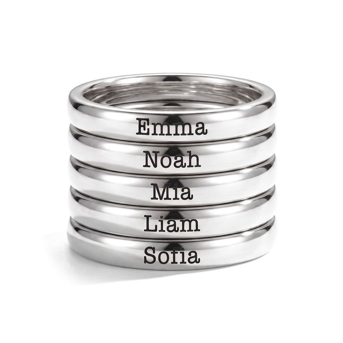 Tiny Stackable Name Ring – Silver – 5 rings stacked