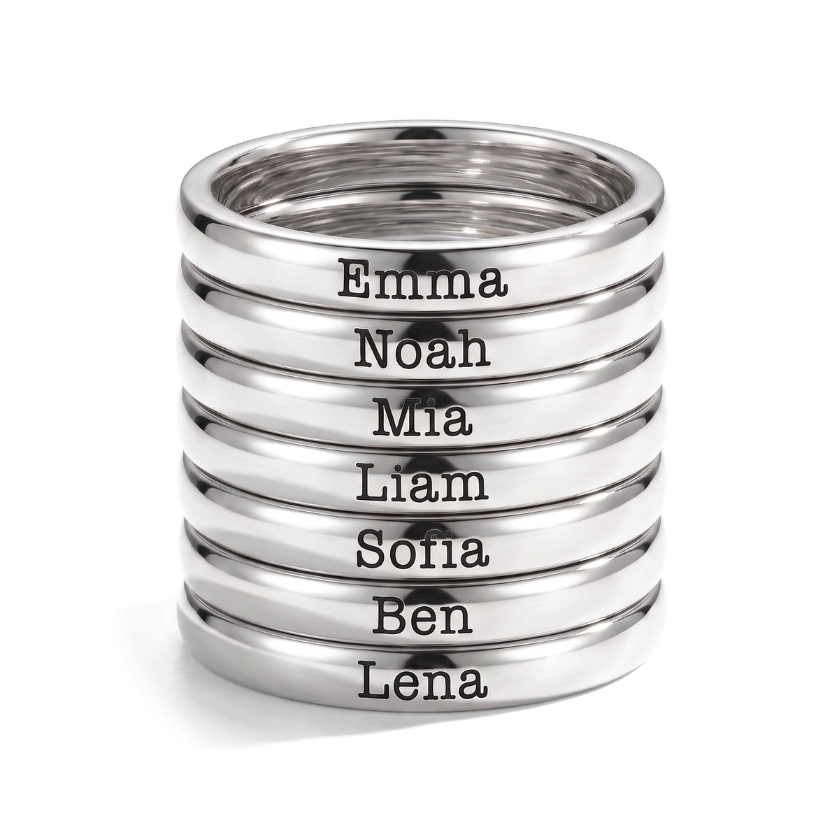Tiny Stackable Name Ring – Silver – 7 rings stacked