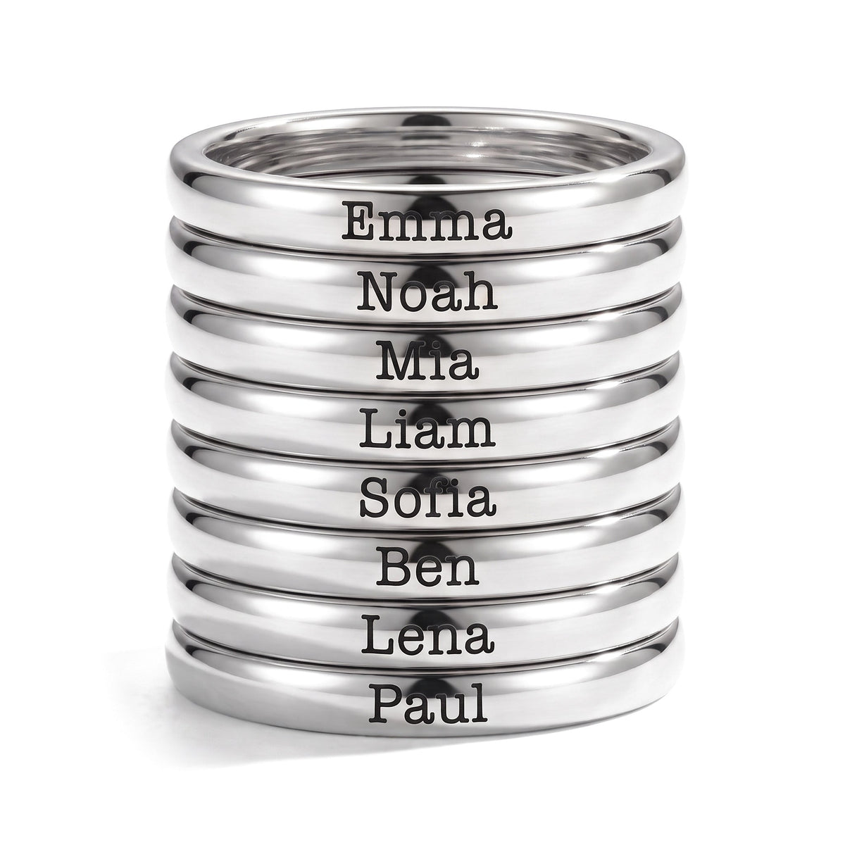Tiny Stackable Name Ring – Silver – 8 rings stacked